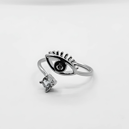 Stylish eye black and small diamond ring silver color on white background