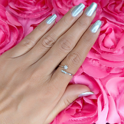 Hand wearing a silver ring with pink roses in the background