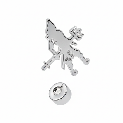Silver charm with a wolf design on a white background