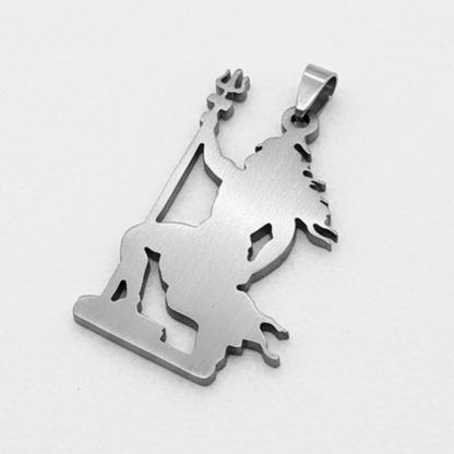 Silver pendant of a shiv or trishul on a white background