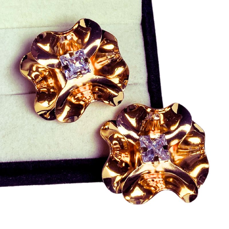 Unique Big Golden Stud Earrings with Diamond Inside