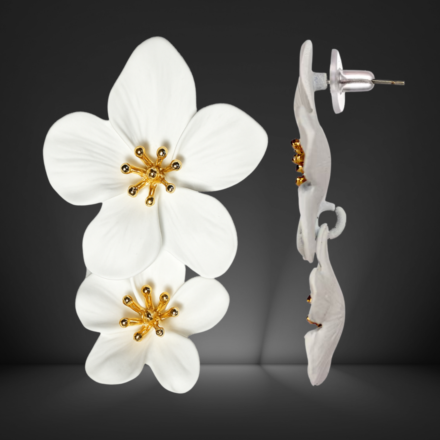 Floral earrings with white flowers and gold centers on a dark background