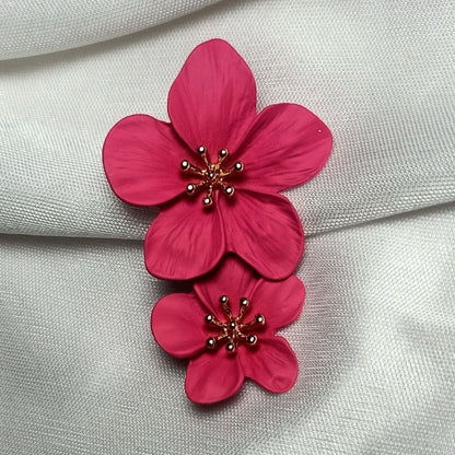 Maroon Flower Design Long Drop Earrings - Ceramic Brass Alloy