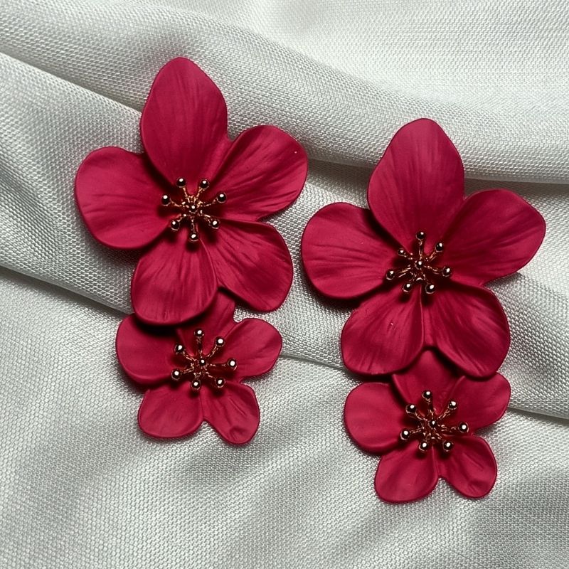 Maroon Flower Design Long Drop Earrings - Ceramic Brass Alloy