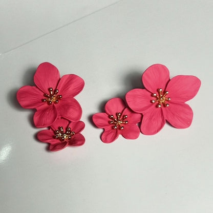 Maroon Flower Design Long Drop Earrings - Ceramic Brass Alloy