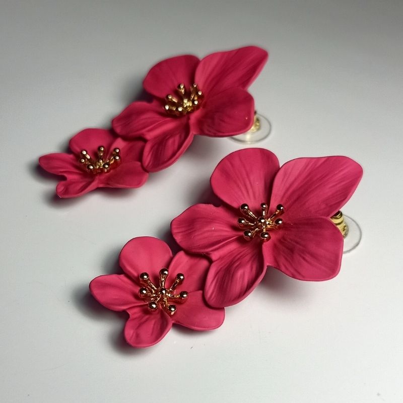 Maroon Flower Design Long Drop Earrings - Ceramic Brass Alloy