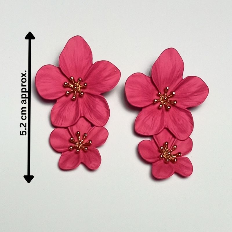 Maroon Flower Design Long Drop Earrings - Ceramic Brass Alloy