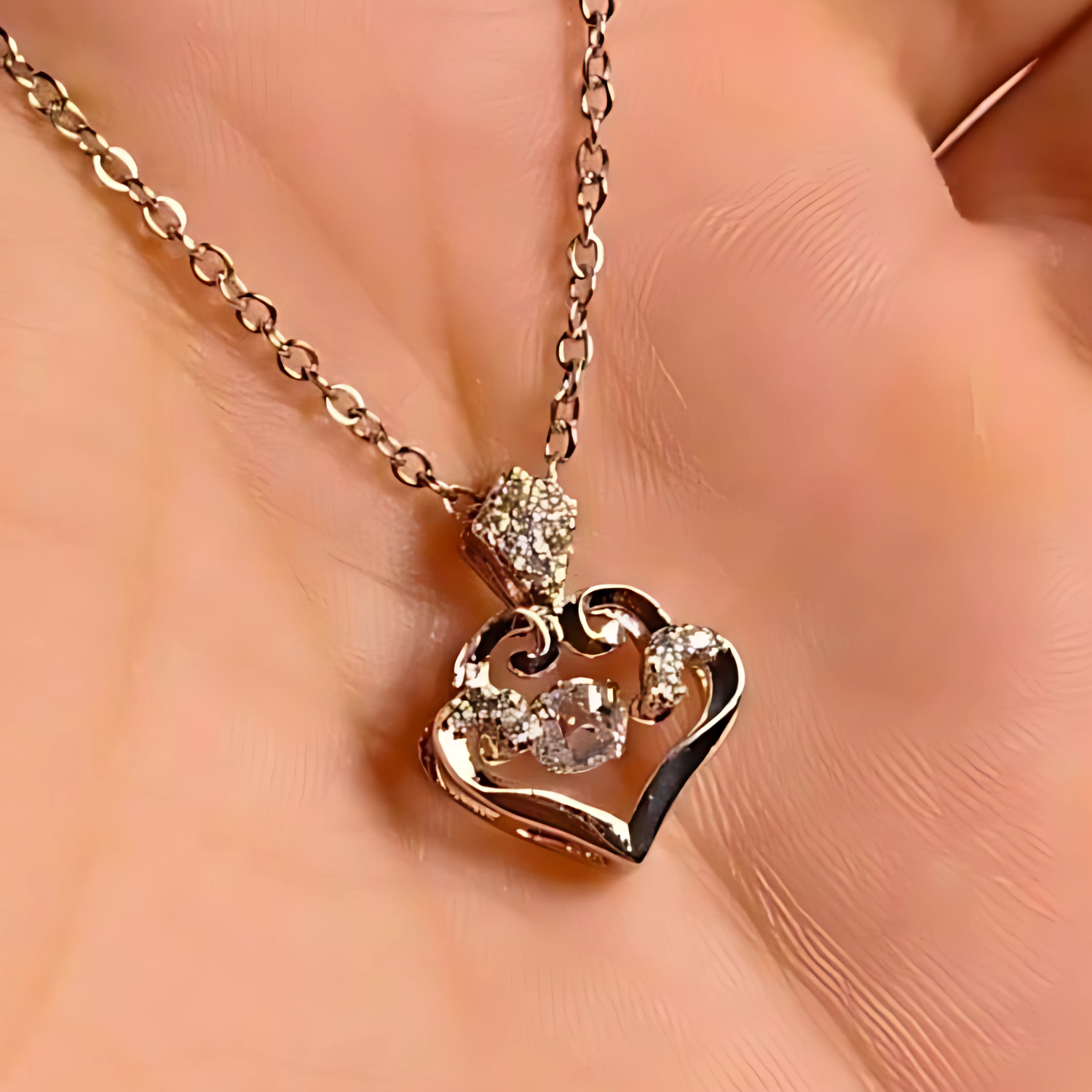 Rose gold heart-shaped necklace with diamond accents on a soft peach background