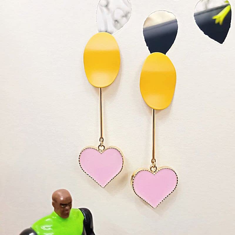 Yellow Pink Heart Drop Earrings - Long Stainless Steel