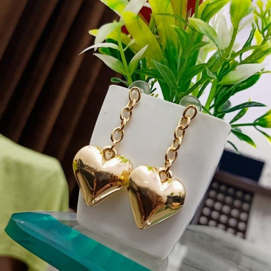 Golden Heart Shape Drop Earrings with Long Chain