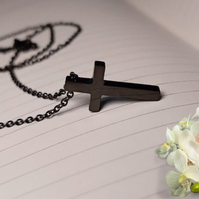 Jesus Cross Necklace, Black Stainless Steel, Lobster Clasp