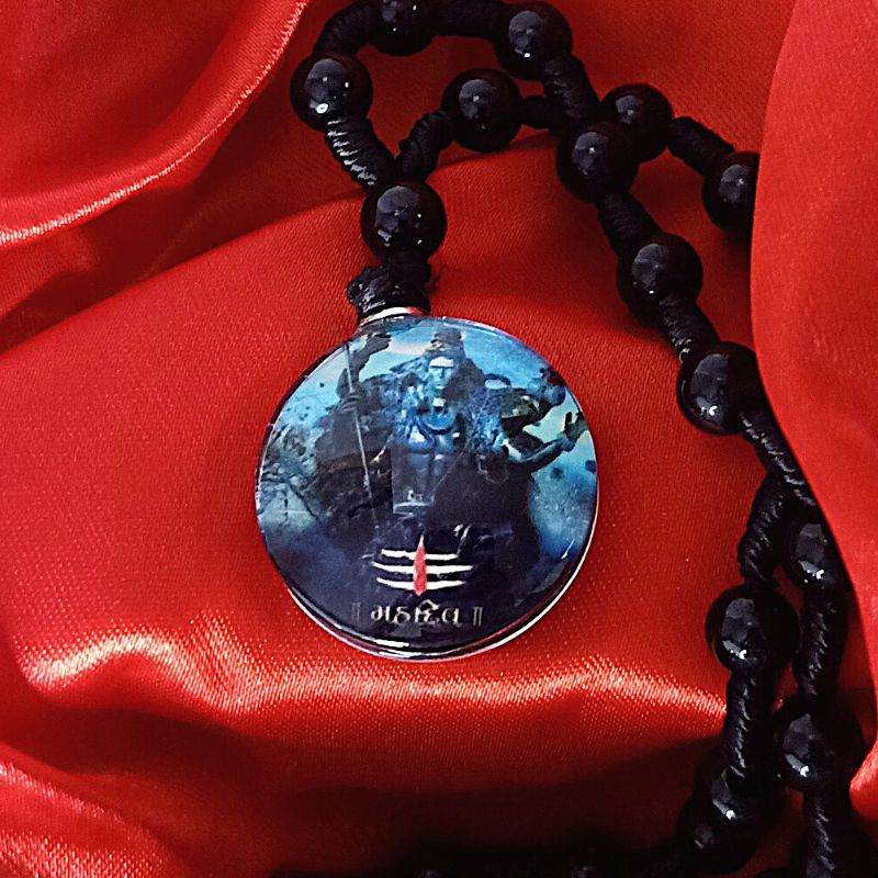 Lord Mahadev Round Glass Pendant Black Beads Thread