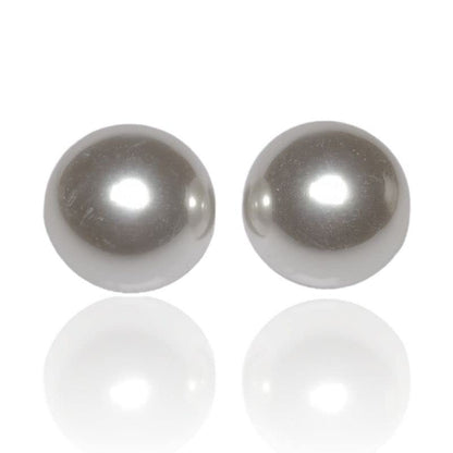 Pair of silver pearl earrings on a white background