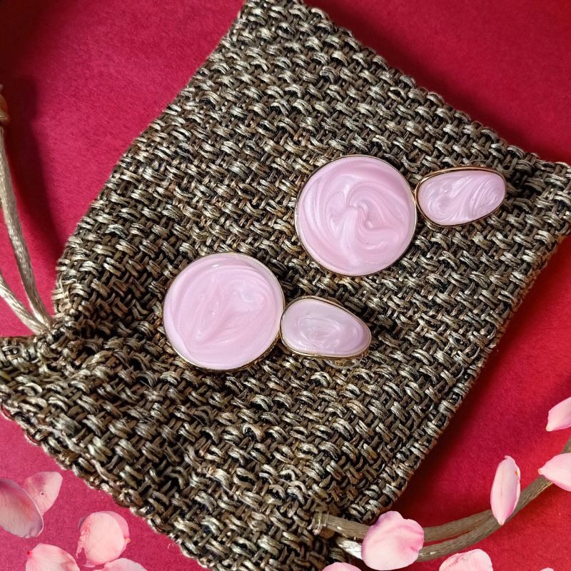 Pink Round Drop Earrings in Stainless Steel with Gold Outline