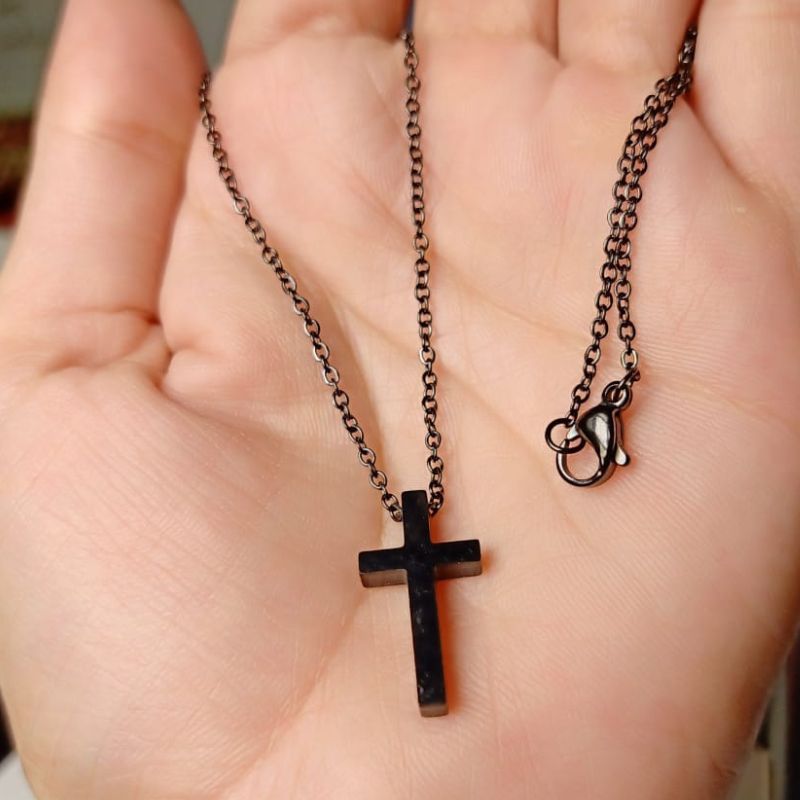 Jesus Cross Necklace, Black Stainless Steel, Lobster Clasp