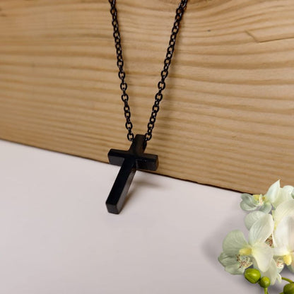 Jesus Cross Necklace, Black Stainless Steel, Lobster Clasp