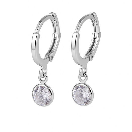 Silver hoop earrings with round crystal drops on a white background
