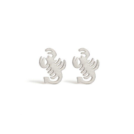 Silver lobster-shaped earrings on a white background