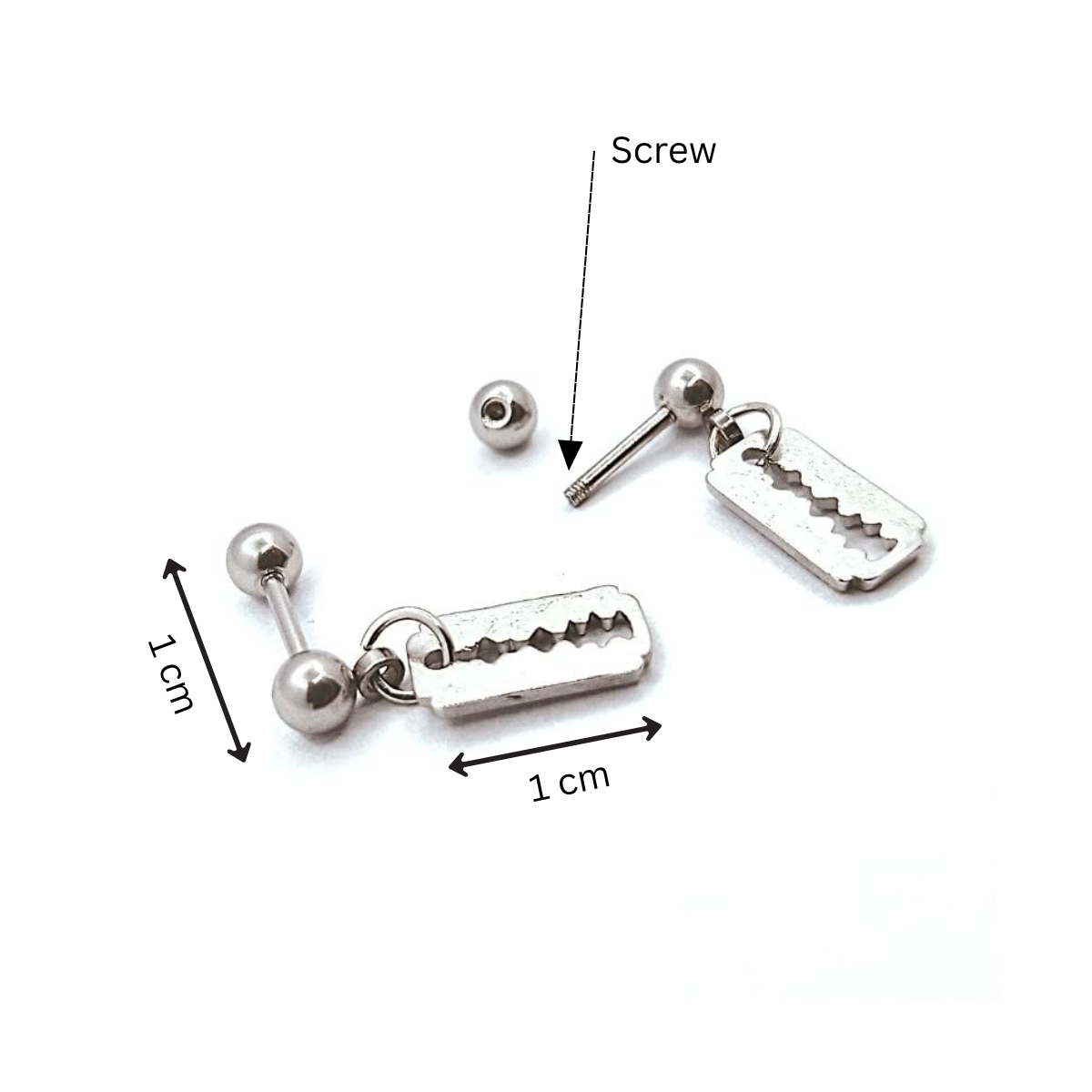 Silver barbell with razor blade charm on a white background, labeled with measurements and parts.