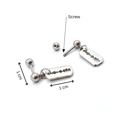 Silver barbell with razor blade charm on a white background, labeled with measurements and parts.