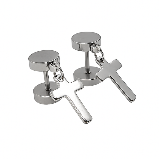 Silver cross-shaped cufflinks on a white background