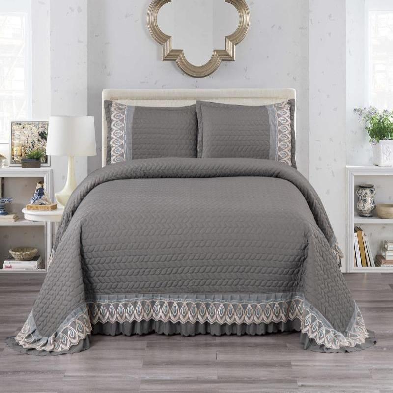 FOGGMART Astria King Size Quilted Bedcover Set - 3PCS, Solid Frill Design