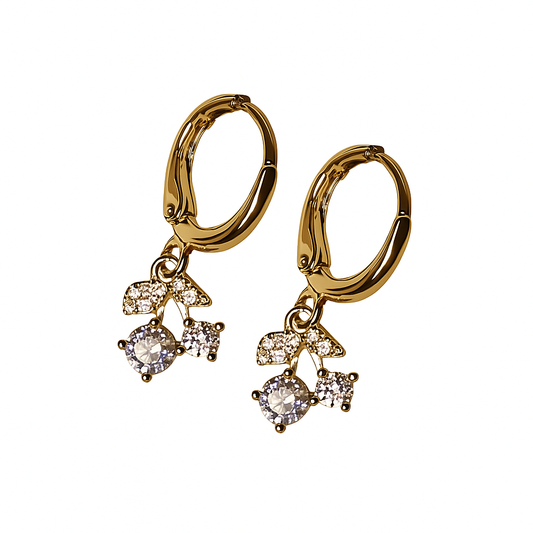 Silver hoop earrings with diamond-like charms on a white background